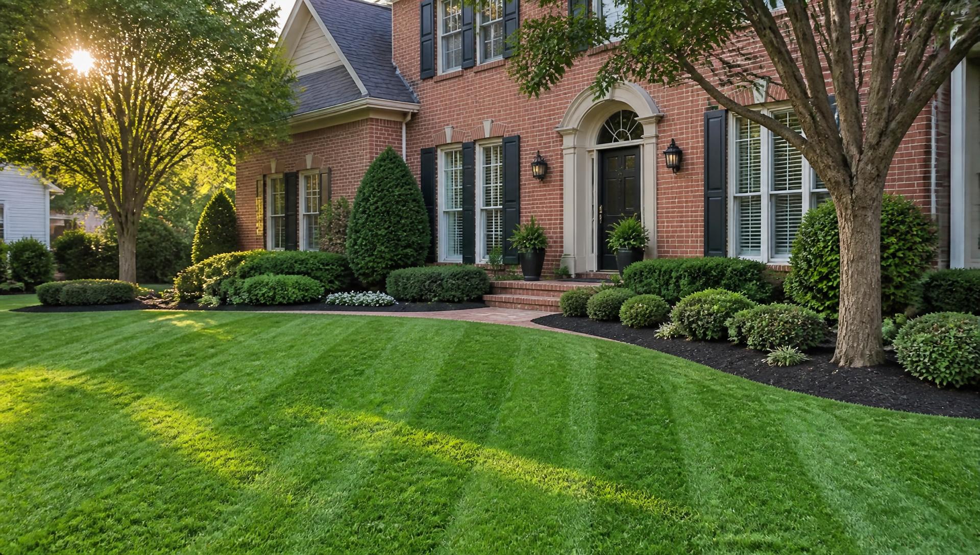 Freshly striped lawn at golden hour leading toward an estate home