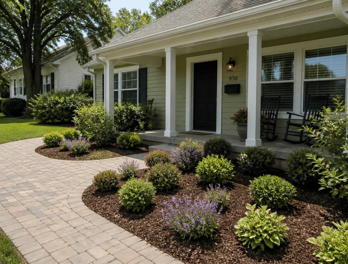 Freshly installed paver walkway, mulch beds and layered shrubs at a home