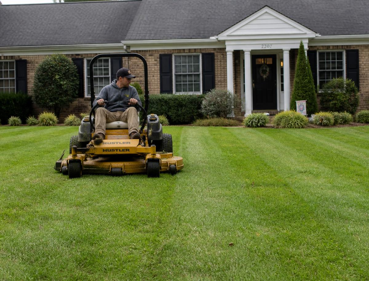 Landscaper mowing crisp stripes into a healthy green suburban lawn