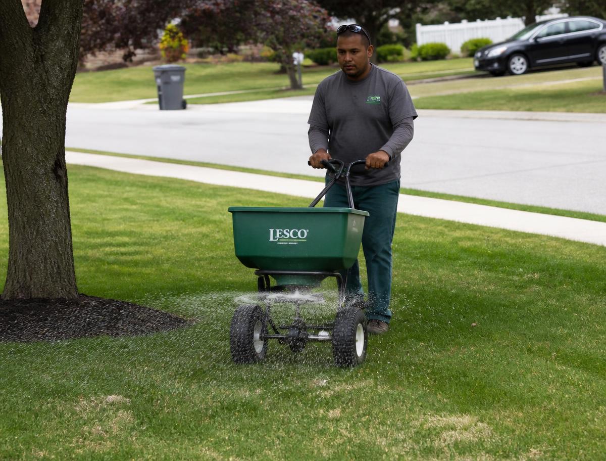 Lawn technician applying fertilizer treatment with a broadcast spreader